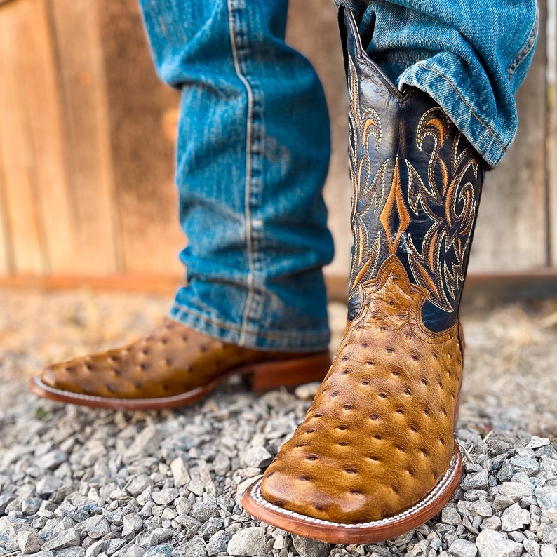 Handcrafted Men's Ostrich Cowboy Boots/ Square Toe Cowboy