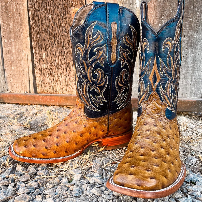 Handcrafted Men's Ostrich Cowboy Boots/ Square Toe Cowboy