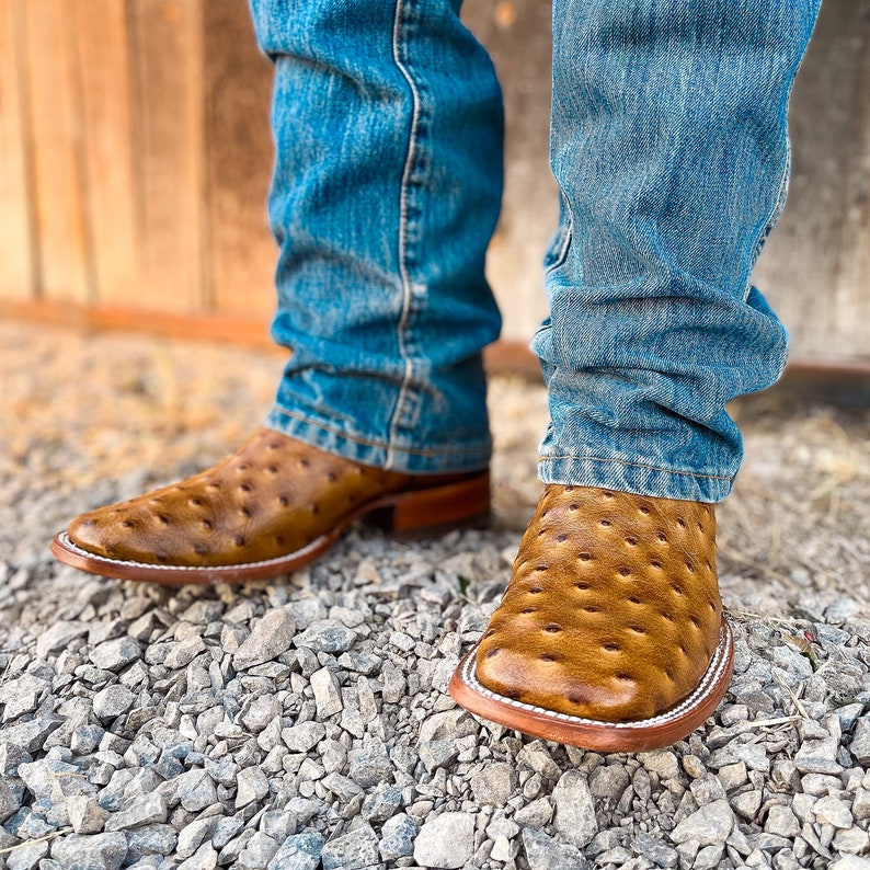Handcrafted Men's Ostrich Cowboy Boots/ Square Toe Cowboy