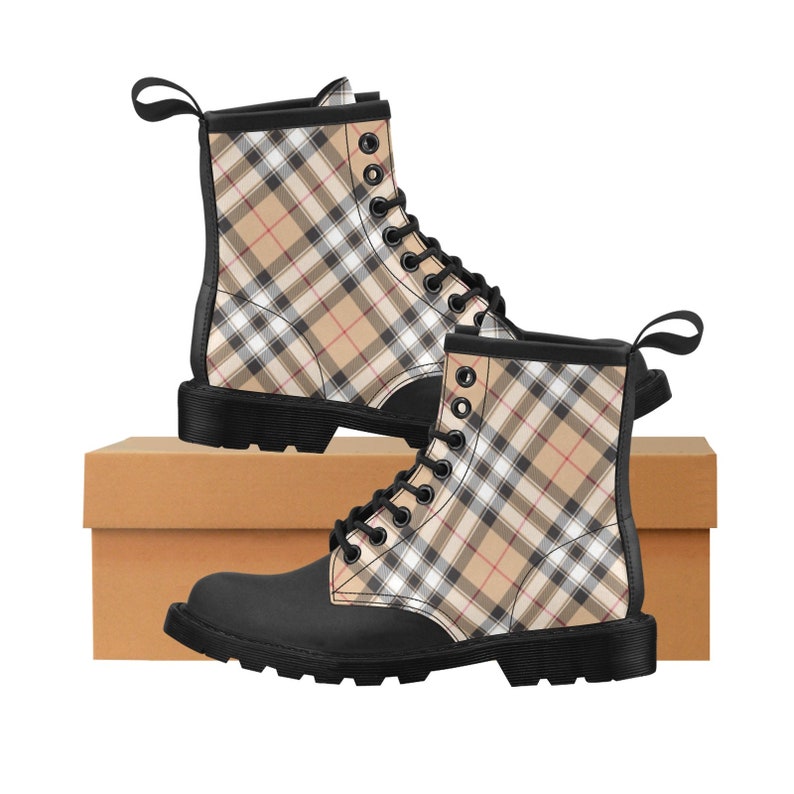 Cream Plaid Women's Boots Tartan Tan White Check Vegan