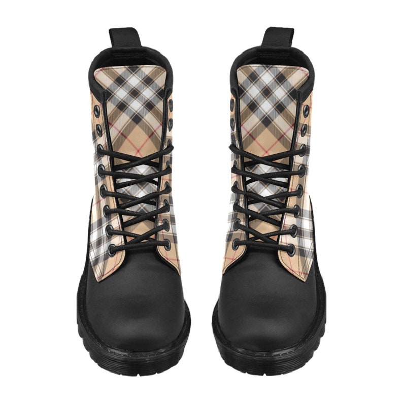 Cream Plaid Women's Boots Tartan Tan White Check Vegan