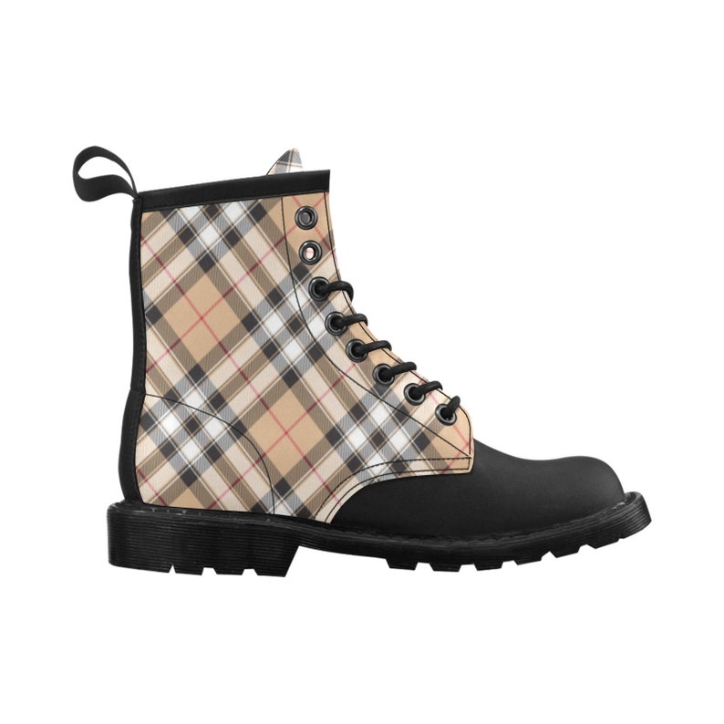 Cream Plaid Women's Boots Tartan Tan White Check Vegan