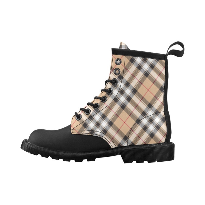 Cream Plaid Women's Boots Tartan Tan White Check Vegan