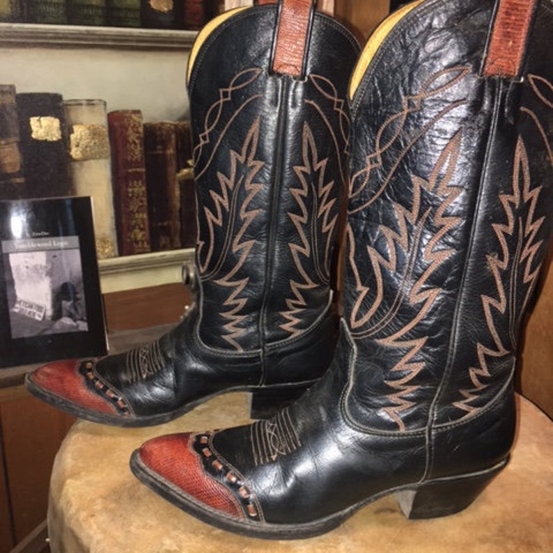 Vintage Nocona Lizard Stitched Wingtip & Trim Black Cowboy