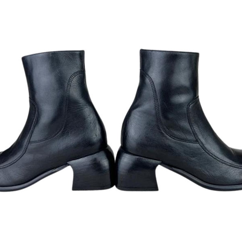 90s Y2K Square Toe Leather Ankle Boots Vintage 90s Block Heel