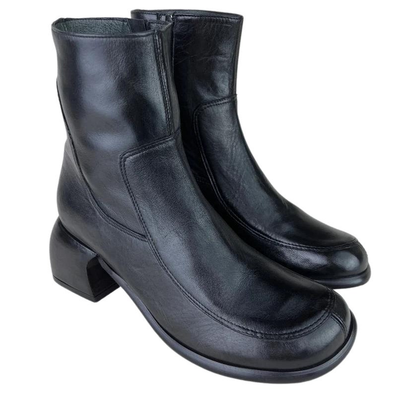 90s Y2K Square Toe Leather Ankle Boots Vintage 90s Block Heel