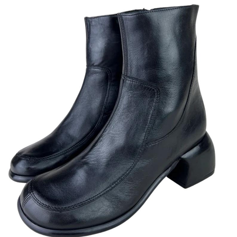 90s Y2K Square Toe Leather Ankle Boots Vintage 90s Block Heel
