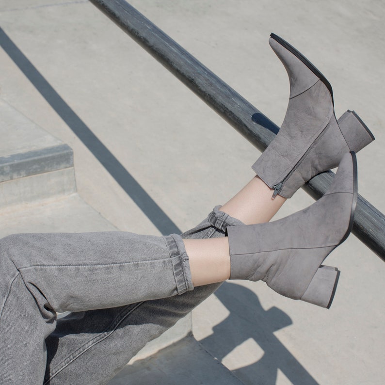 Women Gray Ankle Leather Boots Pointy Handmade Ankle Booties