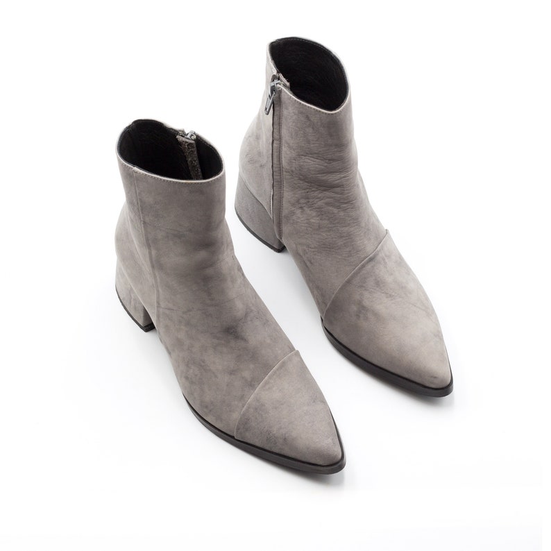 Women Gray Ankle Leather Boots Pointy Handmade Ankle Booties