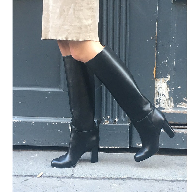 Black Leather Knee High Boots Women Black Knee High Boots