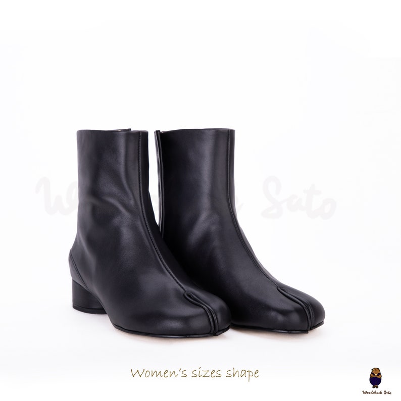 Womens/mens Leather Tabi Split-toe Black Boots With 3cm Heel