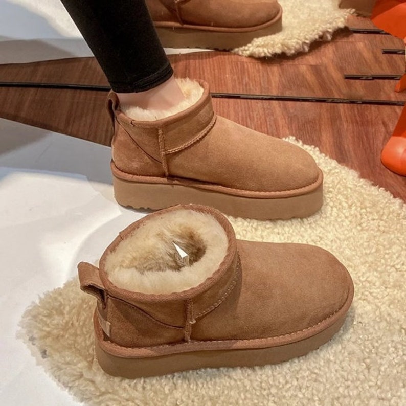 Womens Leather Ankle Handmade Fashion Woolen Fur Brown