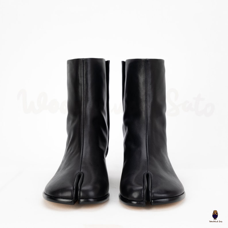 Womens/mens Leather Tabi Split-toe Black Boots With 3cm Heel