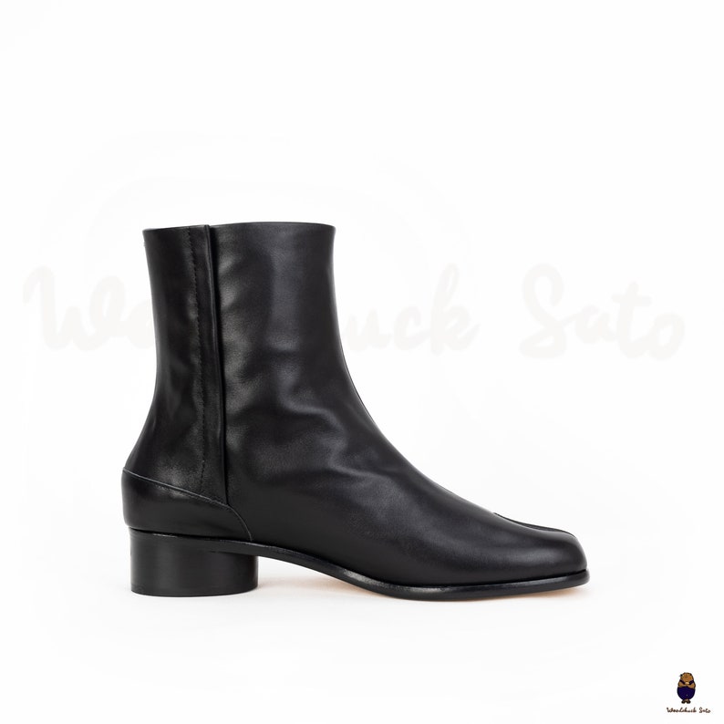 Womens/mens Leather Tabi Split-toe Black Boots With 3cm Heel