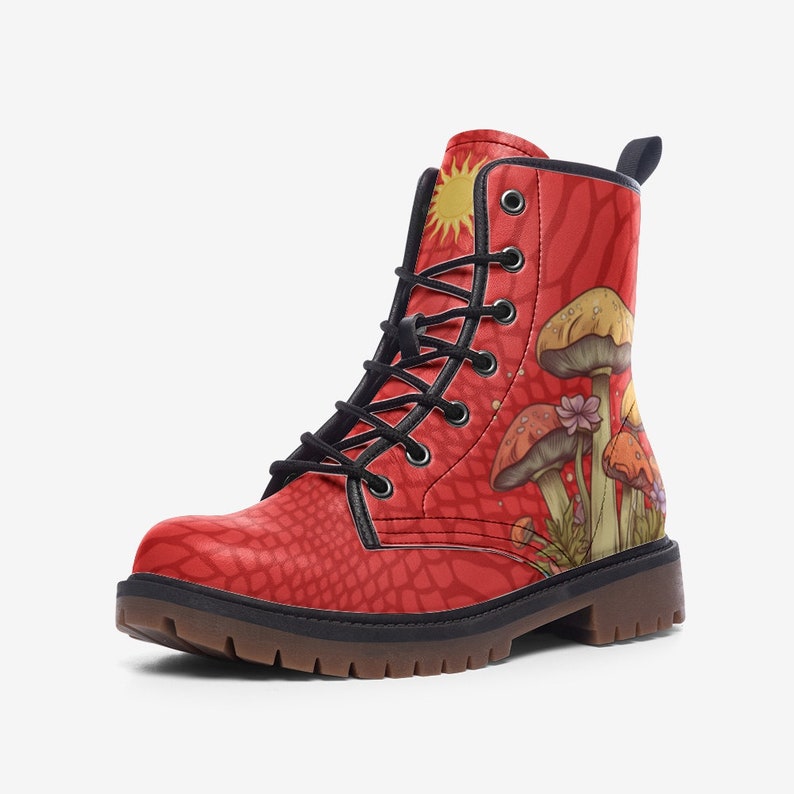 Mushroom Boots Red Boots Vegan Leather Lace up Combat Boots
