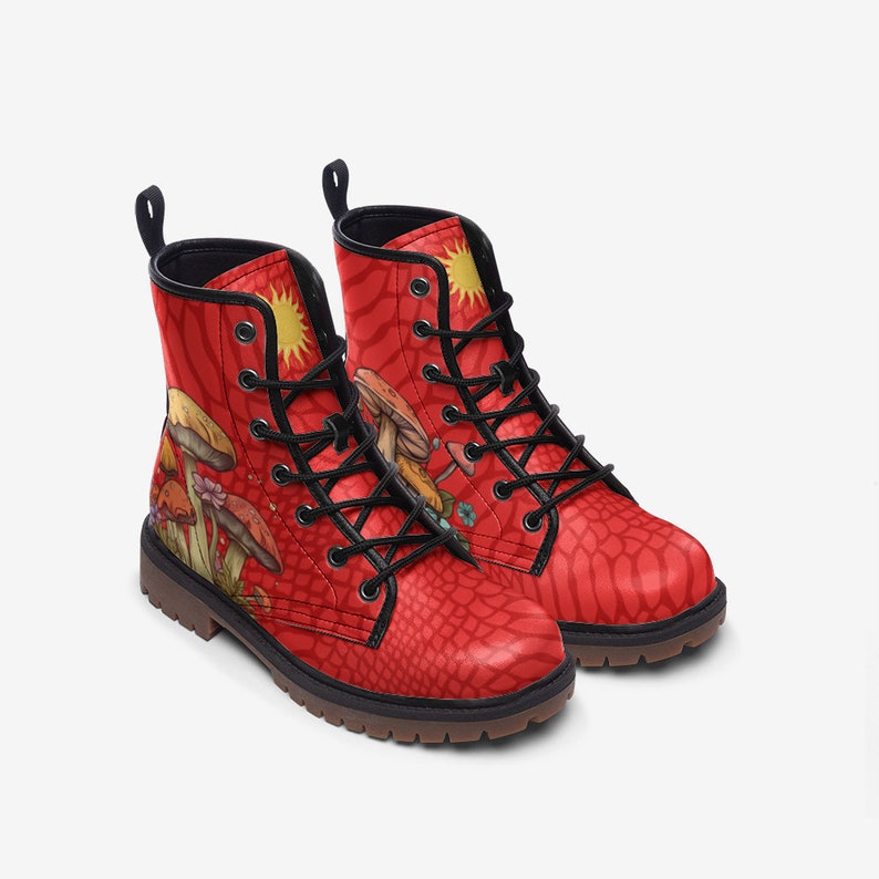 Mushroom Boots Red Boots Vegan Leather Lace up Combat Boots