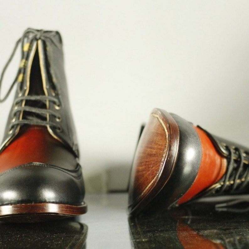 Handmade Men Black Red Leather Wing Tip Lace up Ankle Boots