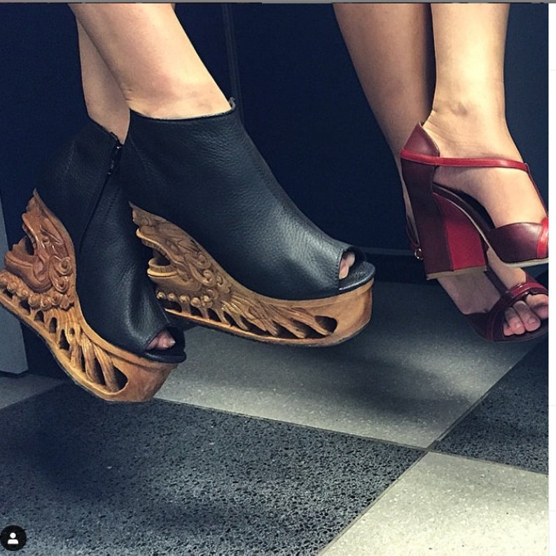 Tiger Lily Hand Carved Wood Platform Wedge Heel