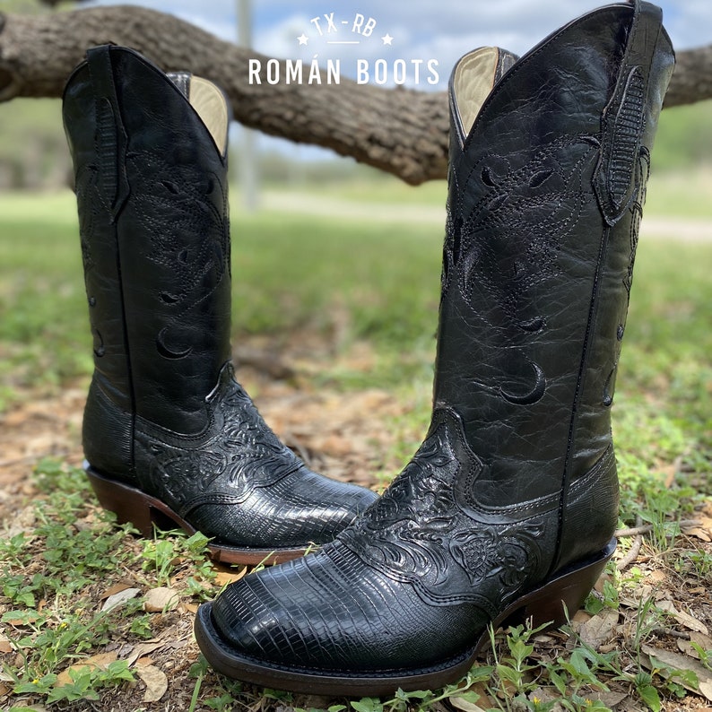 Womens French Hand Tooled Black Boots Black Print Lizard