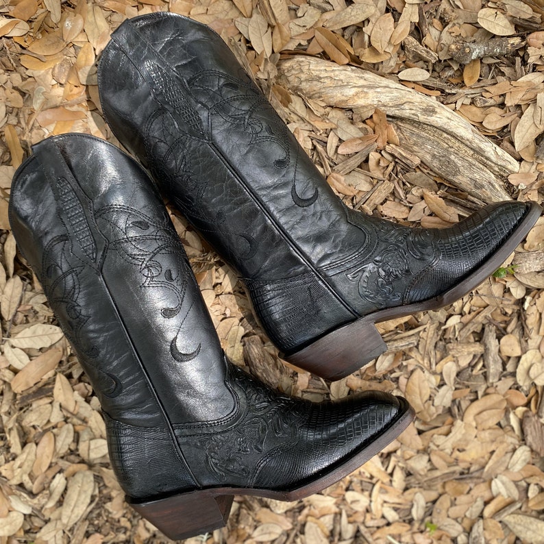 Womens French Hand Tooled Black Boots Black Print Lizard
