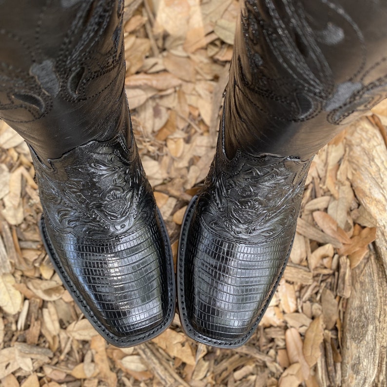 Womens French Hand Tooled Black Boots Black Print Lizard
