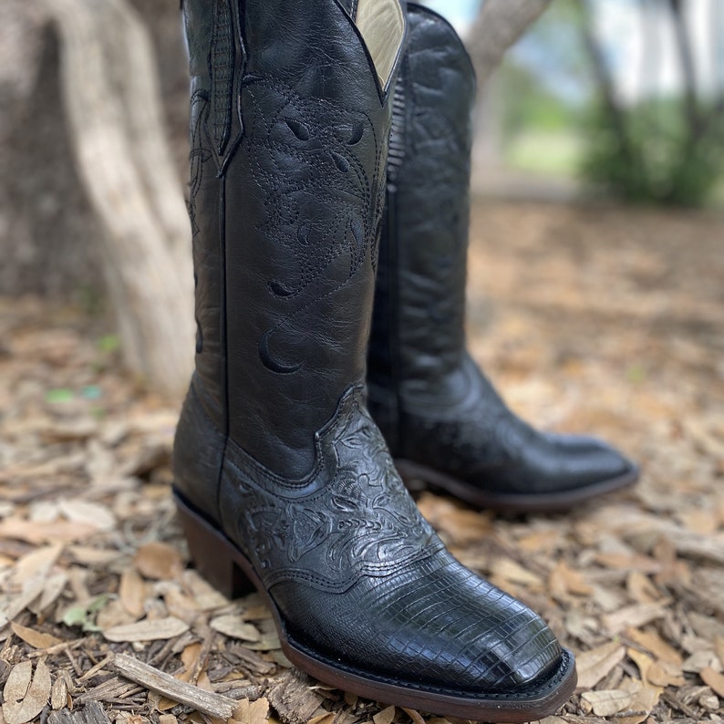 Womens French Hand Tooled Black Boots Black Print Lizard