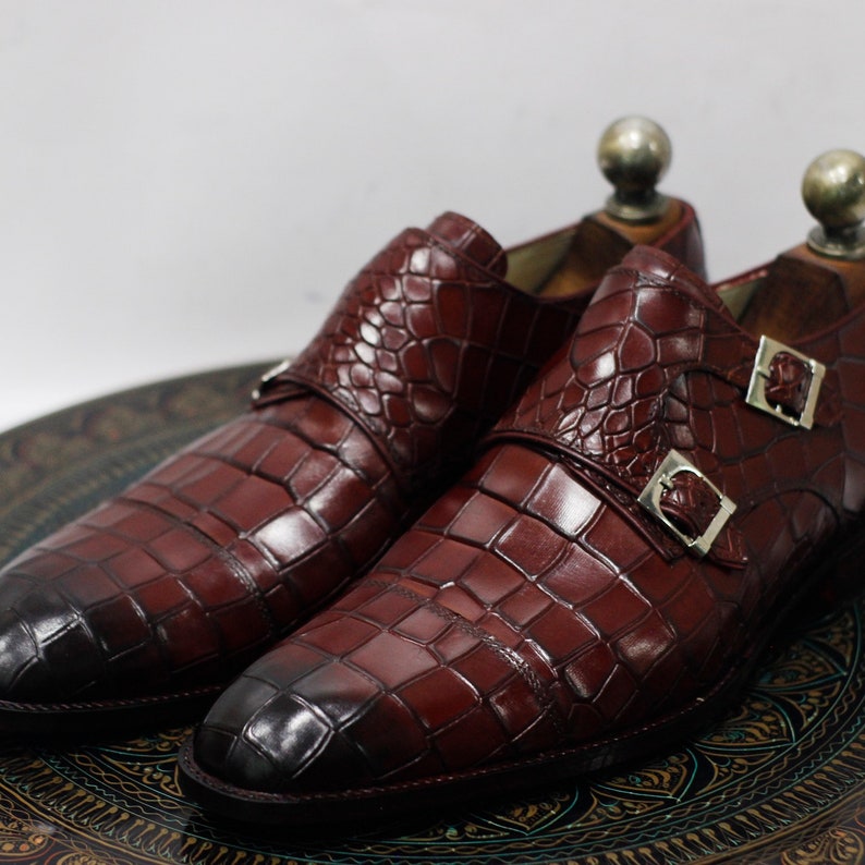 New Handmade Leather Burgundy Crocodile Textured Double Monk