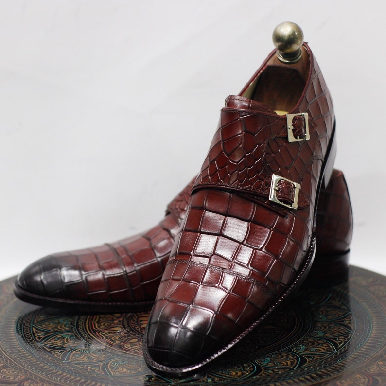 New Handmade Leather Burgundy Crocodile Textured Double Monk