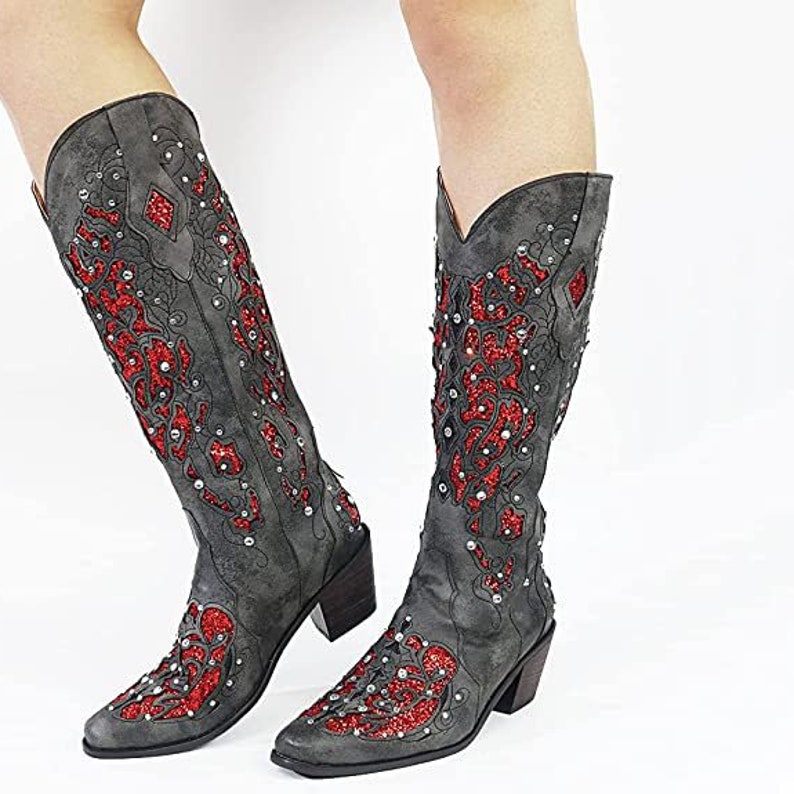 White Cowboy Western Boots Embroidered Pull on Boots Knee