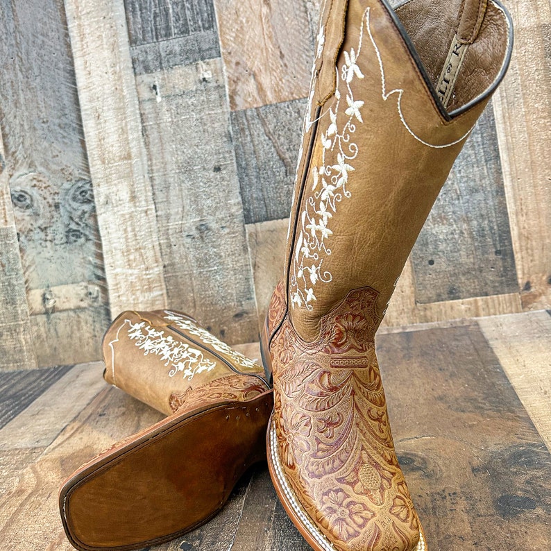 Handmade Leather Floral Embroidered Boots/ Mexican Artisanal
