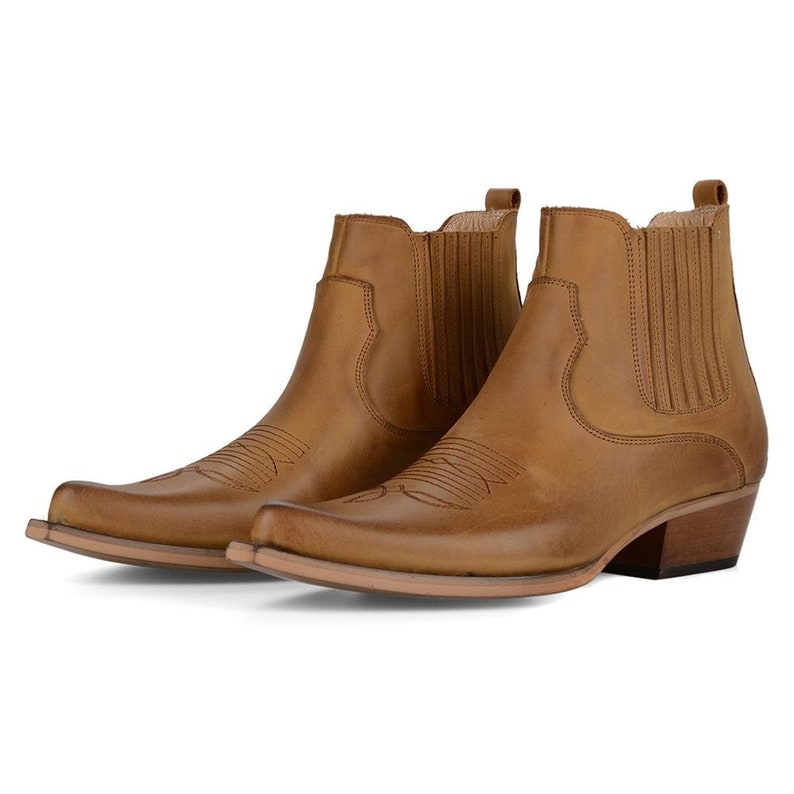 Footcourt Men Cowboy Ankle Boots Tan Genuine Leather Western