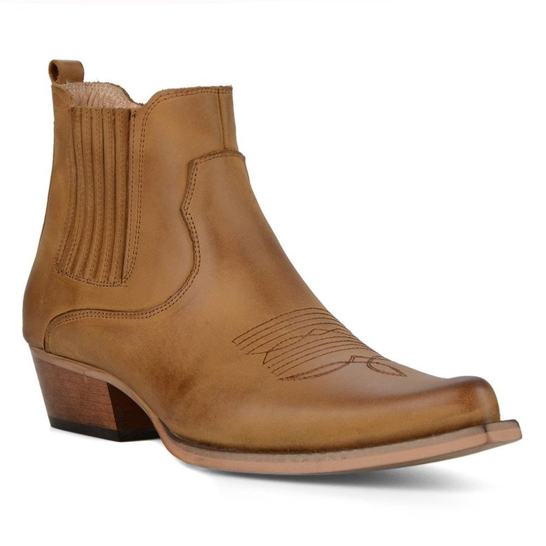 Footcourt Men Cowboy Ankle Boots Tan Genuine Leather Western
