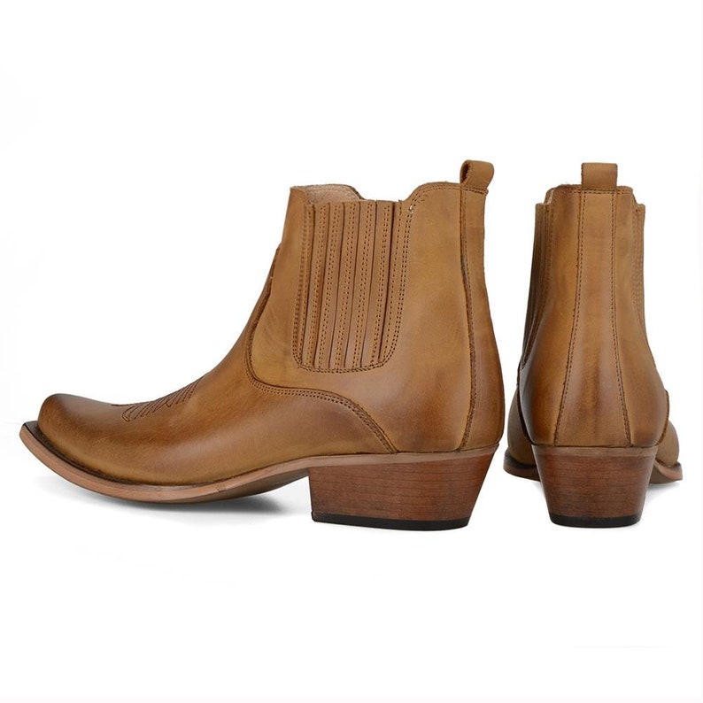 Footcourt Men Cowboy Ankle Boots Tan Genuine Leather Western