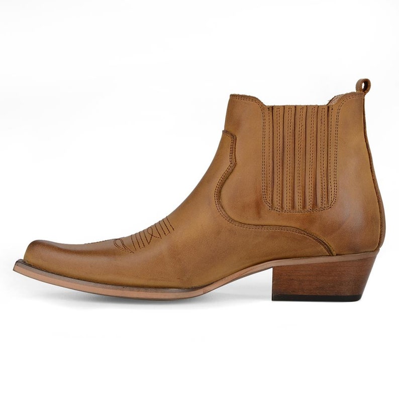 Footcourt Men Cowboy Ankle Boots Tan Genuine Leather Western