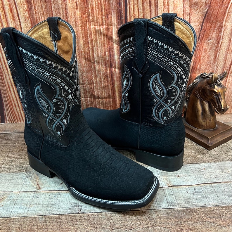 Men WESTERN COWBOY Matte Black PYTHON Snake Faux Leather
