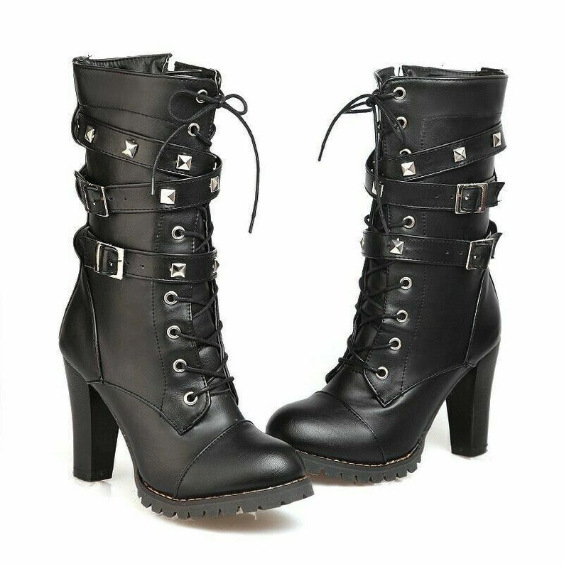 Goth Black Platform Heels Faux Leather Lace-up Boots Urban