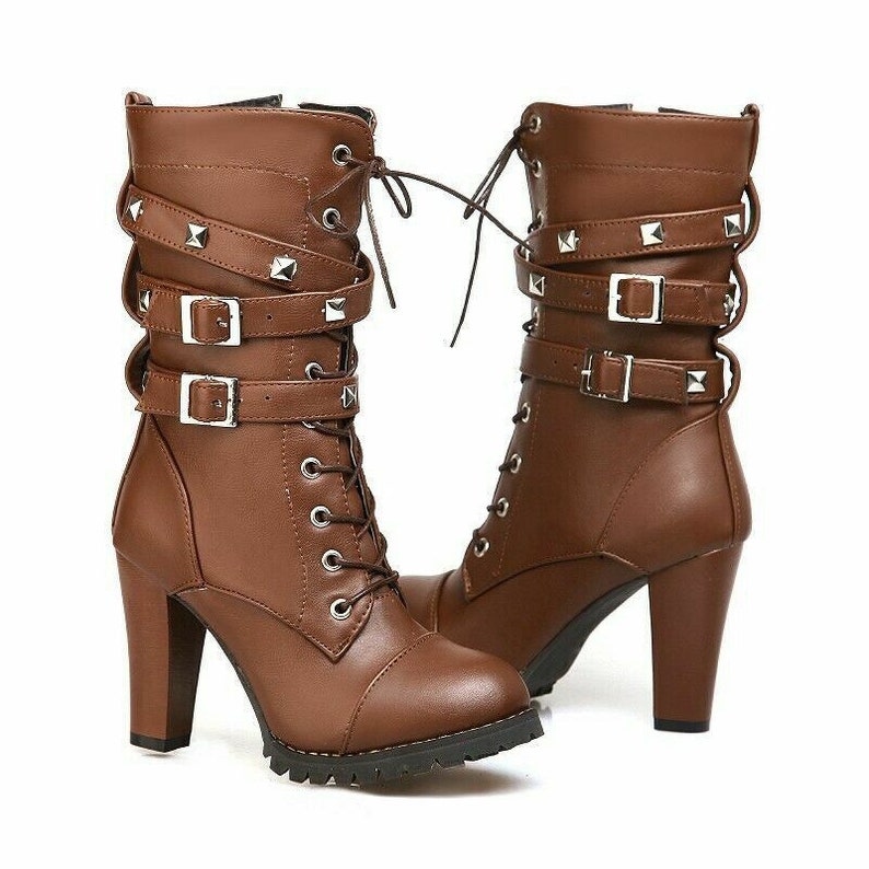 Goth Black Platform Heels Faux Leather Lace-up Boots Urban