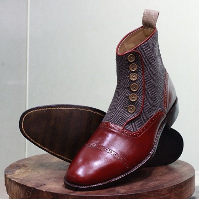Handmade Leather Shoes Burgundy Leather and Tweed Ankle High