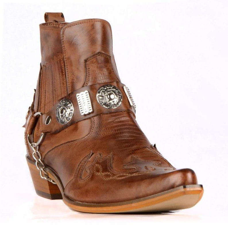 Footcourt Men Cowboy Ankle Boots Tan Western Boots Genuine