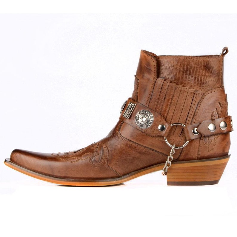 Footcourt Men Cowboy Ankle Boots Tan Western Boots Genuine