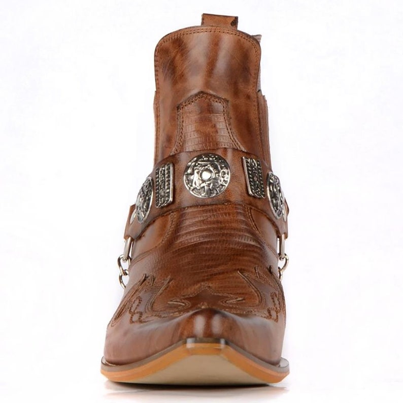 Footcourt Men Cowboy Ankle Boots Tan Western Boots Genuine