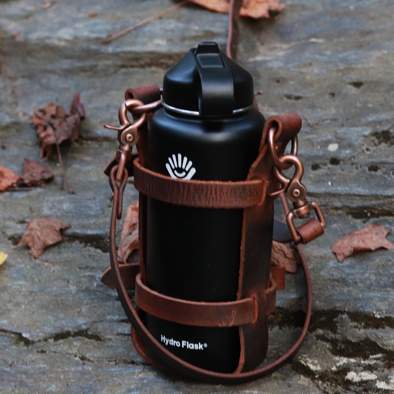 Adjustable Leather Water Bottle Carrier W/ Shoulder Strap