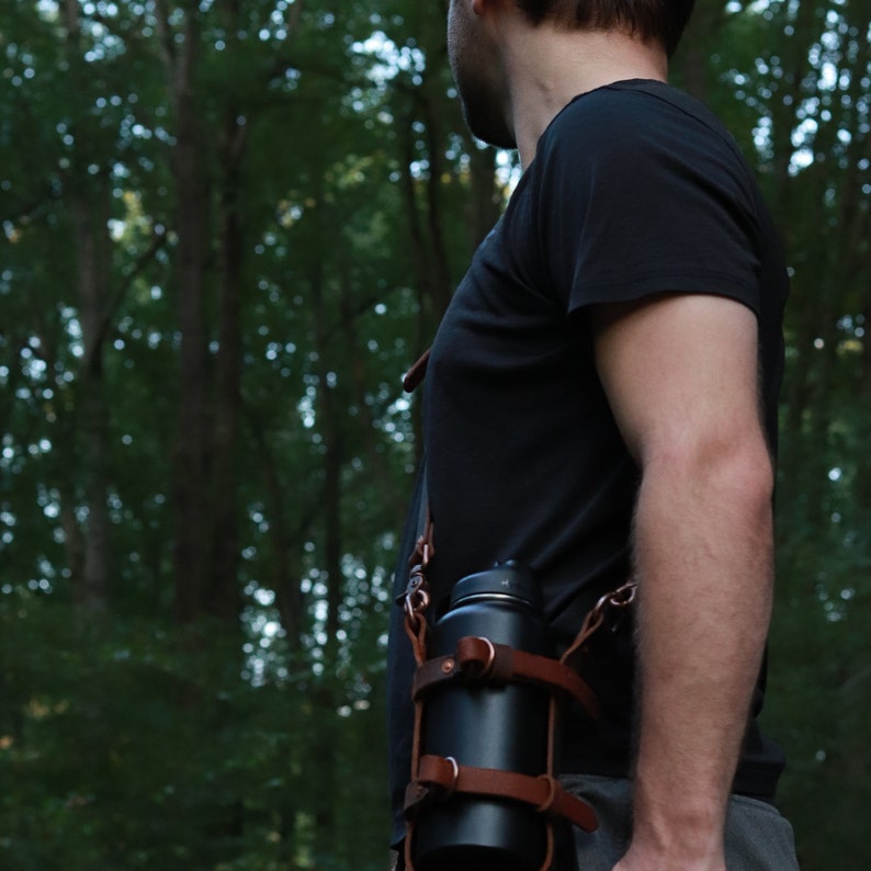 Adjustable Leather Water Bottle Carrier W/ Shoulder Strap