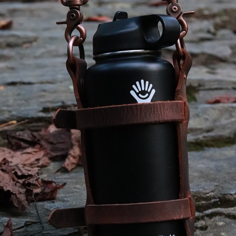 Adjustable Leather Water Bottle Carrier W/ Shoulder Strap