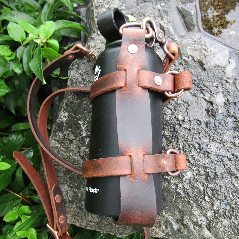 Adjustable Leather Water Bottle Carrier W/ Shoulder Strap