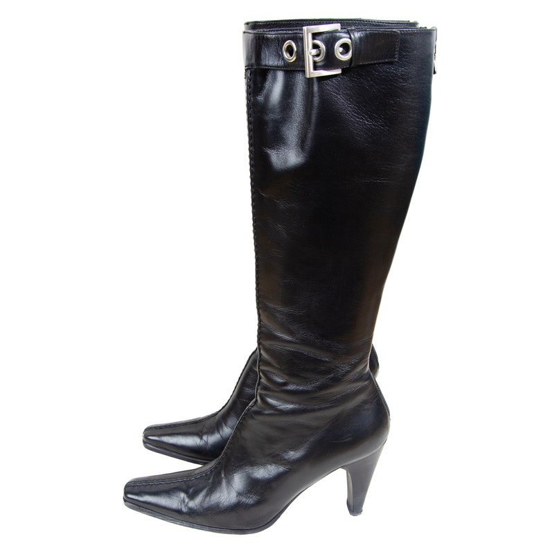 Vintage Prada Black Leather Boots / Prada Buckle Pointy Square