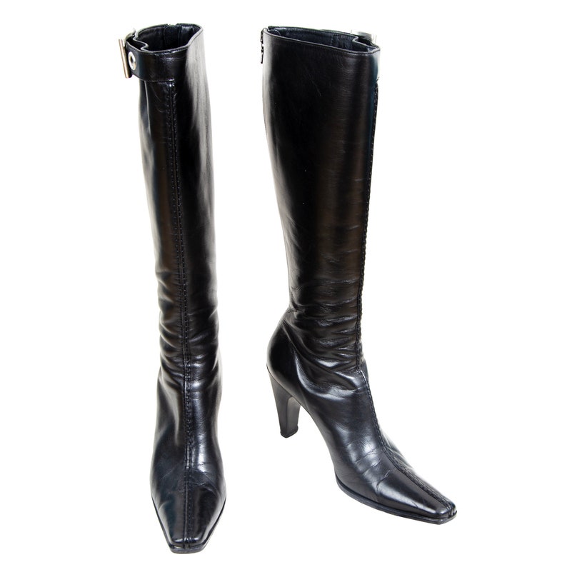 Vintage Prada Black Leather Boots / Prada Buckle Pointy Square