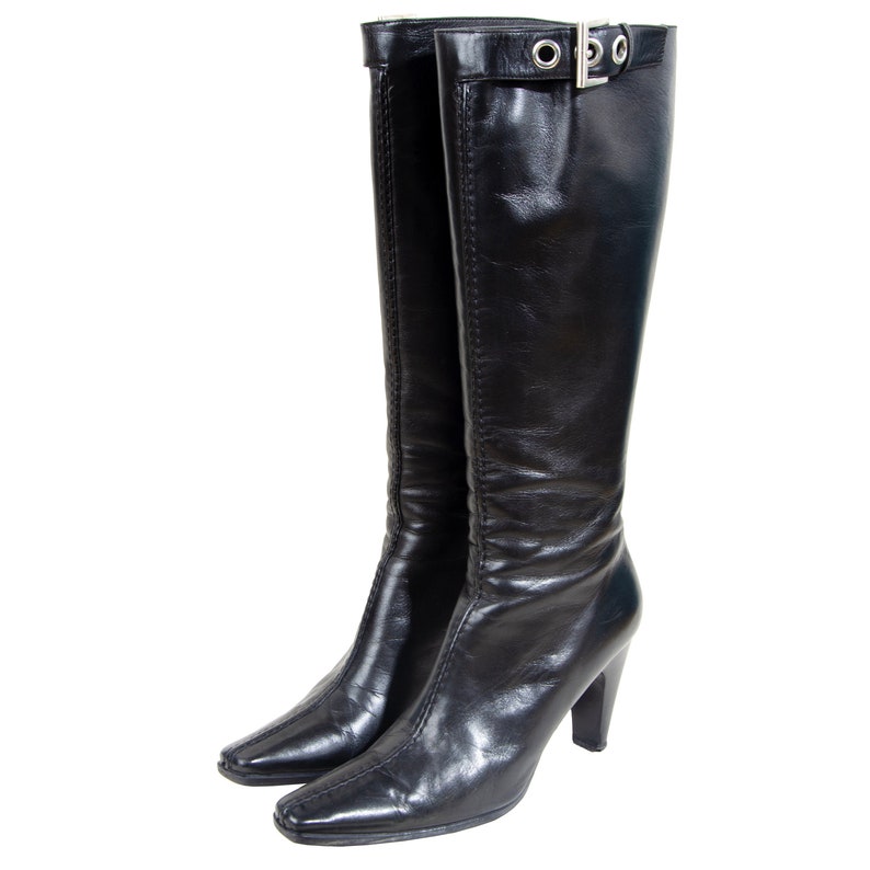 Vintage Prada Black Leather Boots / Prada Buckle Pointy Square