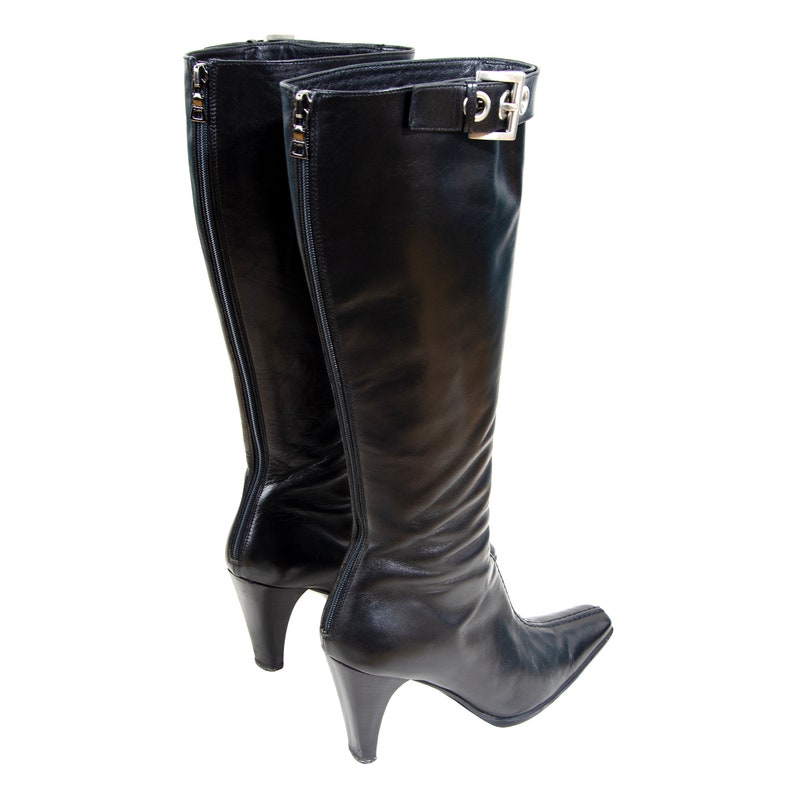 Vintage Prada Black Leather Boots / Prada Buckle Pointy Square