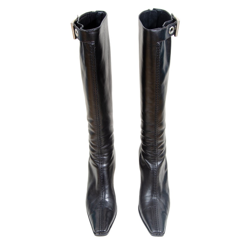 Vintage Prada Black Leather Boots / Prada Buckle Pointy Square